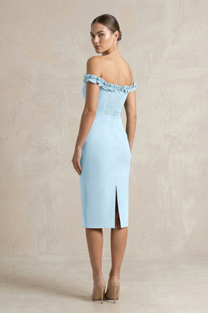 Off - the - Shoulder Sheath Ruffled Midi Bridesmaid Dress in Steel Blue - KISS BRIDAL Bridesmaid Dresses