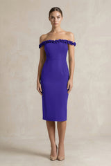 Off - the - Shoulder Sheath Ruffled Midi Bridesmaid Dress in Tahiti - KISS BRIDAL Bridesmaid Dresses