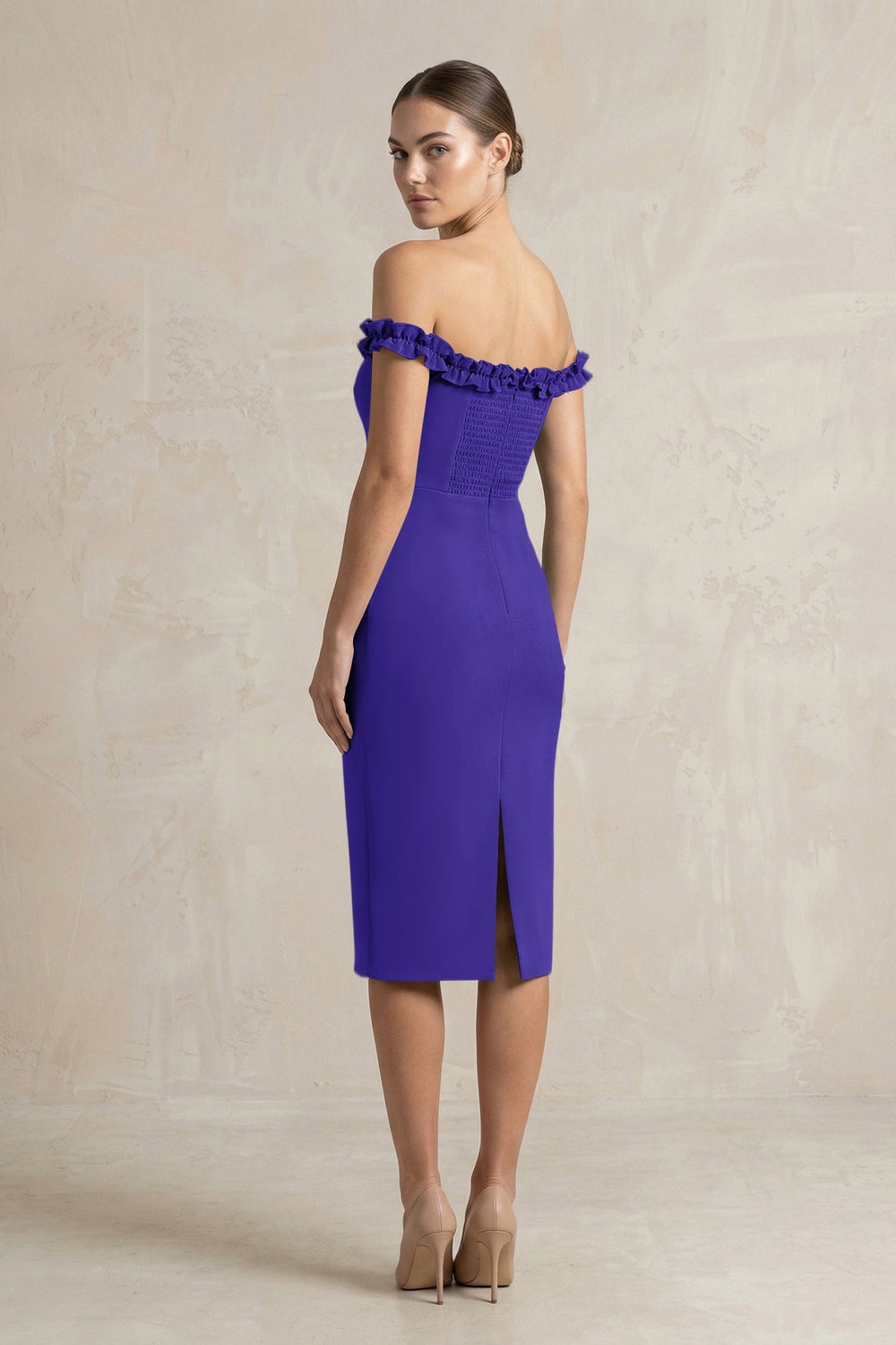 Off - the - Shoulder Sheath Ruffled Midi Bridesmaid Dress in Tahiti - KISS BRIDAL Bridesmaid Dresses