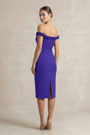 Off - the - Shoulder Sheath Ruffled Midi Bridesmaid Dress in Tahiti - KISS BRIDAL Bridesmaid Dresses
