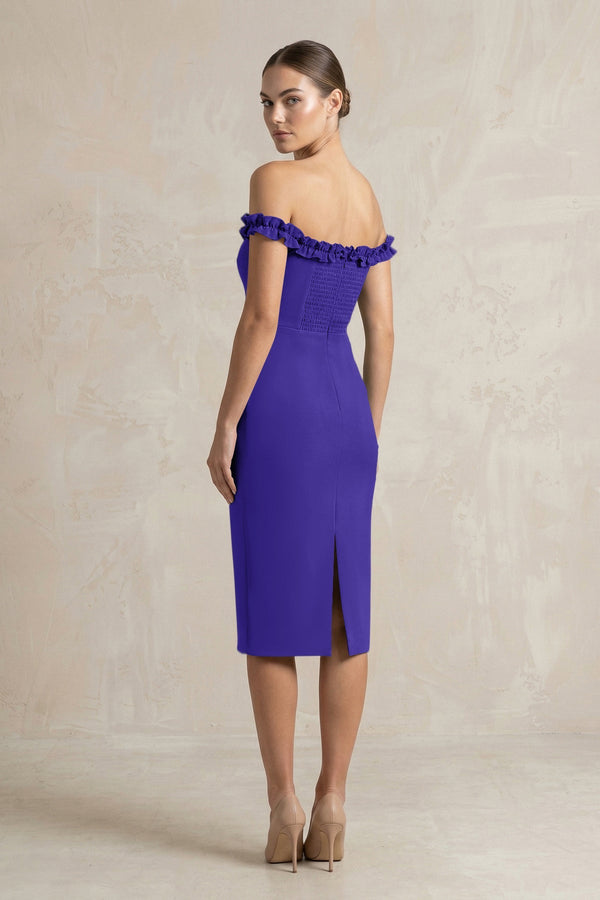 Off - the - Shoulder Sheath Ruffled Midi Bridesmaid Dress in Tahiti - KISS BRIDAL Bridesmaid Dresses