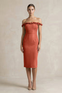 Off - the - Shoulder Sheath Ruffled Midi Bridesmaid Dress in Terracotta - KISS BRIDAL Bridesmaid Dresses