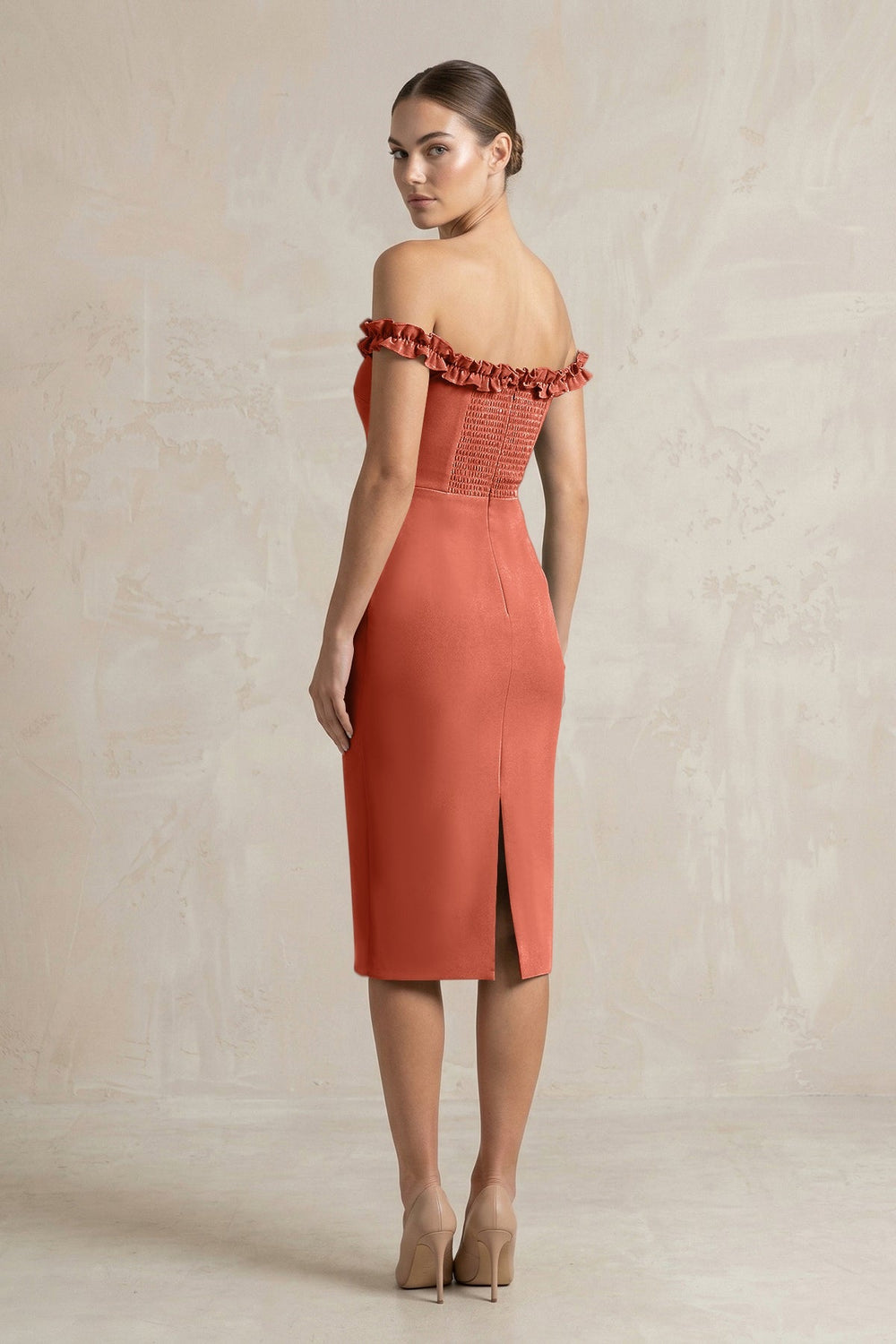 Off - the - Shoulder Sheath Ruffled Midi Bridesmaid Dress in Terracotta - KISS BRIDAL Bridesmaid Dresses