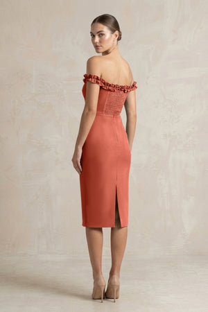 Off - the - Shoulder Sheath Ruffled Midi Bridesmaid Dress in Terracotta - KISS BRIDAL Bridesmaid Dresses