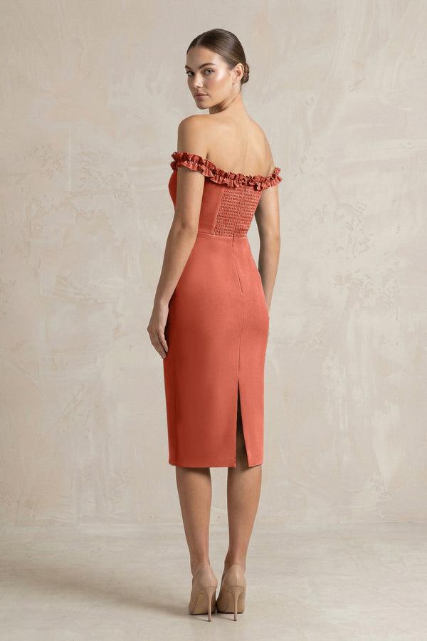 Off - the - Shoulder Sheath Ruffled Midi Bridesmaid Dress in Terracotta - KISS BRIDAL Bridesmaid Dresses
