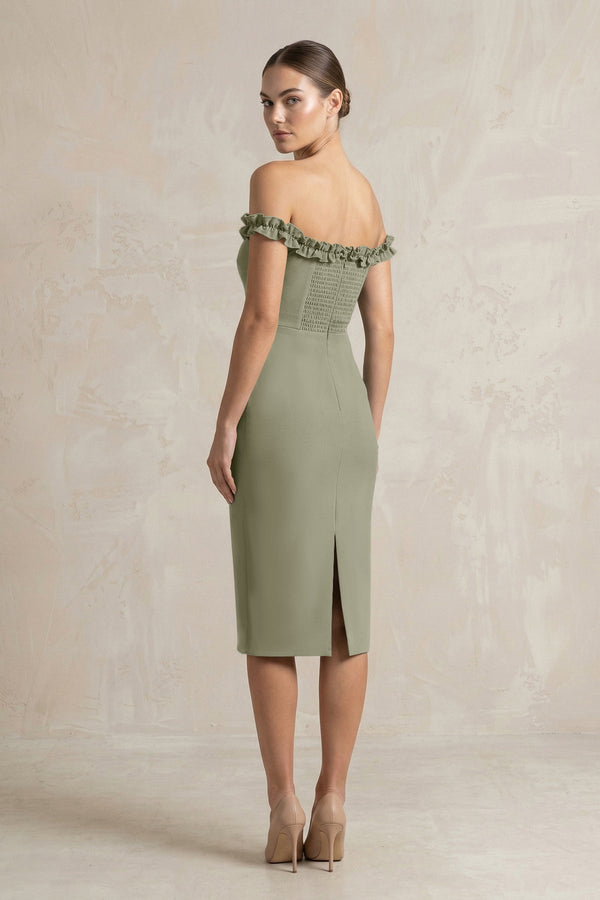 Off - the - Shoulder Sheath Ruffled Midi Bridesmaid Dress in Thyme - KISS BRIDAL Bridesmaid Dresses