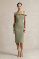 Off - the - Shoulder Sheath Ruffled Midi Bridesmaid Dress in Thyme - KISS BRIDAL Bridesmaid Dresses