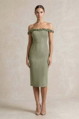 Off - the - Shoulder Sheath Ruffled Midi Bridesmaid Dress in Thyme - KISS BRIDAL Bridesmaid Dresses