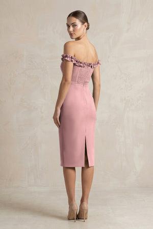 Off - the - Shoulder Sheath Ruffled Midi Bridesmaid Dress in Toffee - KISS BRIDAL Bridesmaid Dresses