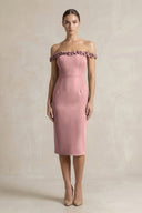 Off - the - Shoulder Sheath Ruffled Midi Bridesmaid Dress in Toffee - KISS BRIDAL Bridesmaid Dresses