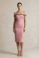 Off - the - Shoulder Sheath Ruffled Midi Bridesmaid Dress in Toffee - KISS BRIDAL Bridesmaid Dresses