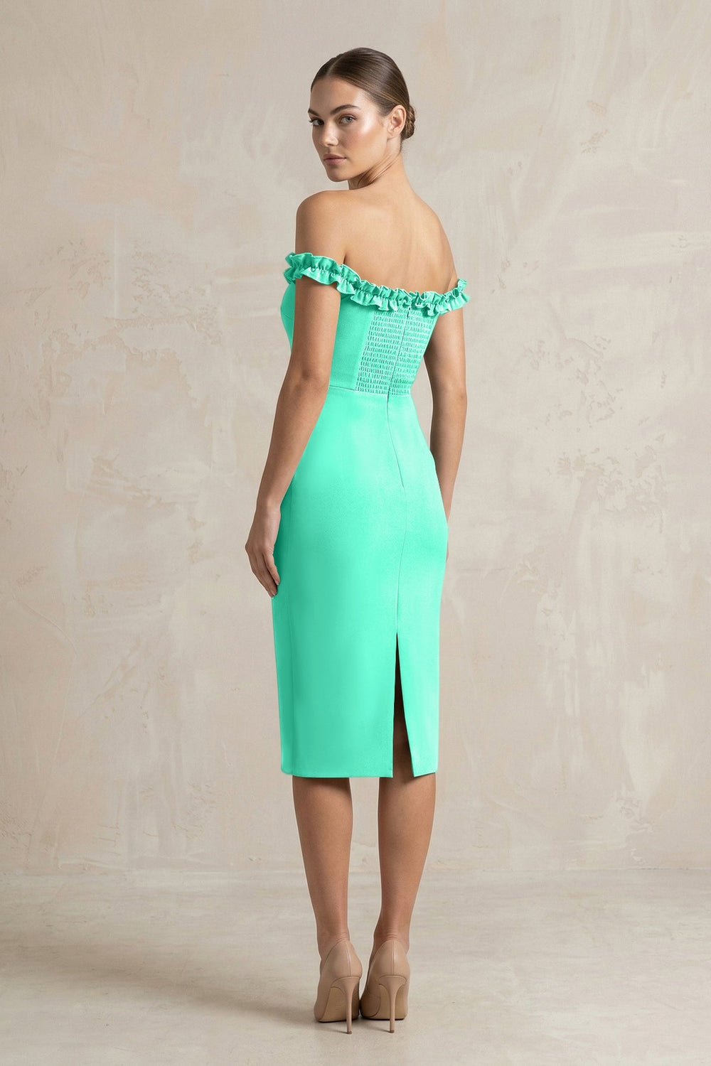 Off - the - Shoulder Sheath Ruffled Midi Bridesmaid Dress in Turquoise - KISS BRIDAL Bridesmaid Dresses