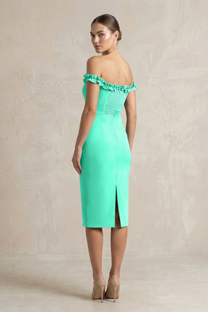 Off - the - Shoulder Sheath Ruffled Midi Bridesmaid Dress in Turquoise - KISS BRIDAL Bridesmaid Dresses