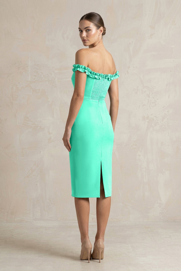 Off - the - Shoulder Sheath Ruffled Midi Bridesmaid Dress in Turquoise - KISS BRIDAL Bridesmaid Dresses