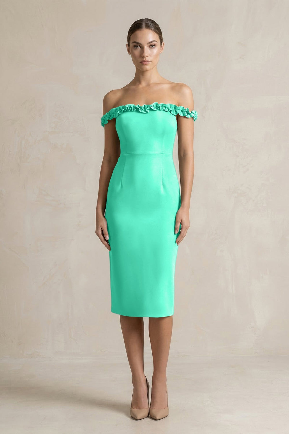 Off - the - Shoulder Sheath Ruffled Midi Bridesmaid Dress in Turquoise - KISS BRIDAL Bridesmaid Dresses