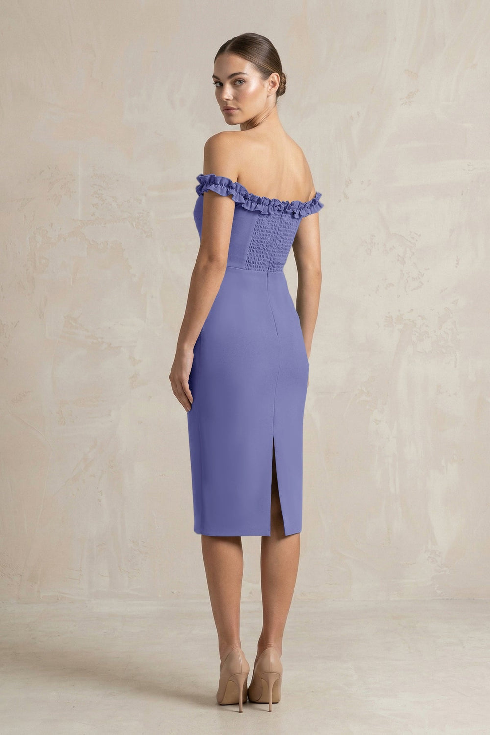 Off - the - Shoulder Sheath Ruffled Midi Bridesmaid Dress in Twilight - KISS BRIDAL Bridesmaid Dresses