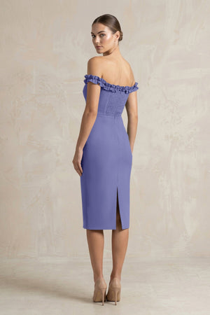 Off - the - Shoulder Sheath Ruffled Midi Bridesmaid Dress in Twilight - KISS BRIDAL Bridesmaid Dresses