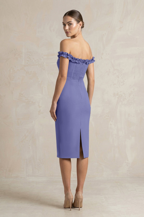Off - the - Shoulder Sheath Ruffled Midi Bridesmaid Dress in Twilight - KISS BRIDAL Bridesmaid Dresses