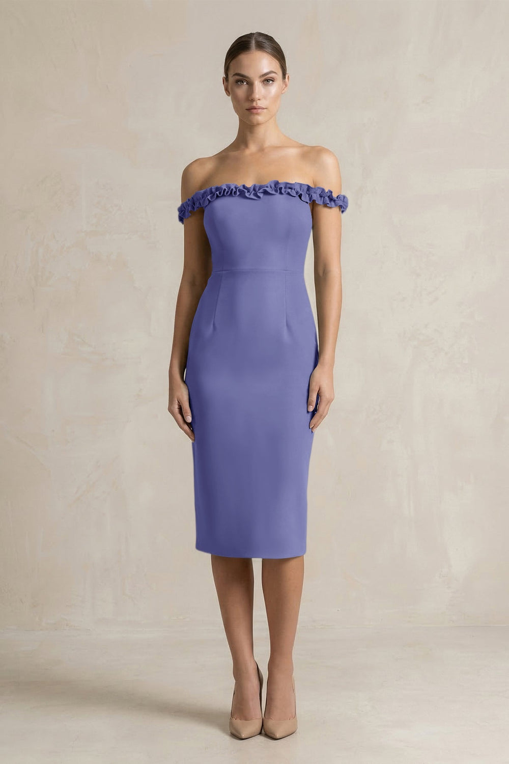 Off - the - Shoulder Sheath Ruffled Midi Bridesmaid Dress in Twilight - KISS BRIDAL Bridesmaid Dresses