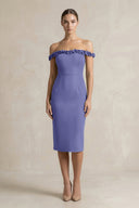 Off - the - Shoulder Sheath Ruffled Midi Bridesmaid Dress in Twilight - KISS BRIDAL Bridesmaid Dresses