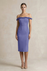 Off - the - Shoulder Sheath Ruffled Midi Bridesmaid Dress in Twilight - KISS BRIDAL Bridesmaid Dresses
