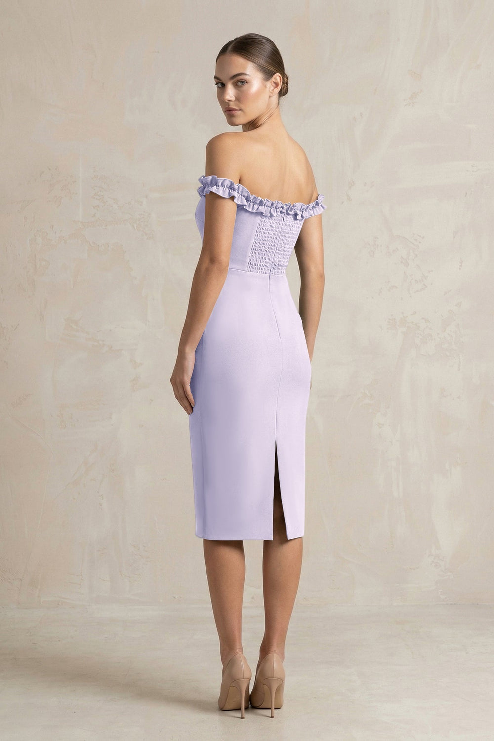 Off - the - Shoulder Sheath Ruffled Midi Bridesmaid Dress in Vintage Mauve - KISS BRIDAL Bridesmaid Dresses