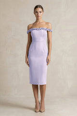Off - the - Shoulder Sheath Ruffled Midi Bridesmaid Dress in Vintage Mauve - KISS BRIDAL Bridesmaid Dresses