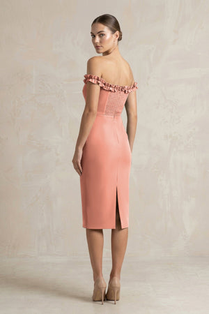 Off - the - Shoulder Sheath Ruffled Midi Bridesmaid Dress in Wild Rose - KISS BRIDAL Bridesmaid Dresses