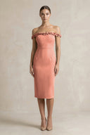 Off - the - Shoulder Sheath Ruffled Midi Bridesmaid Dress in Wild Rose - KISS BRIDAL Bridesmaid Dresses