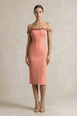 Off - the - Shoulder Sheath Ruffled Midi Bridesmaid Dress in Wild Rose - KISS BRIDAL Bridesmaid Dresses