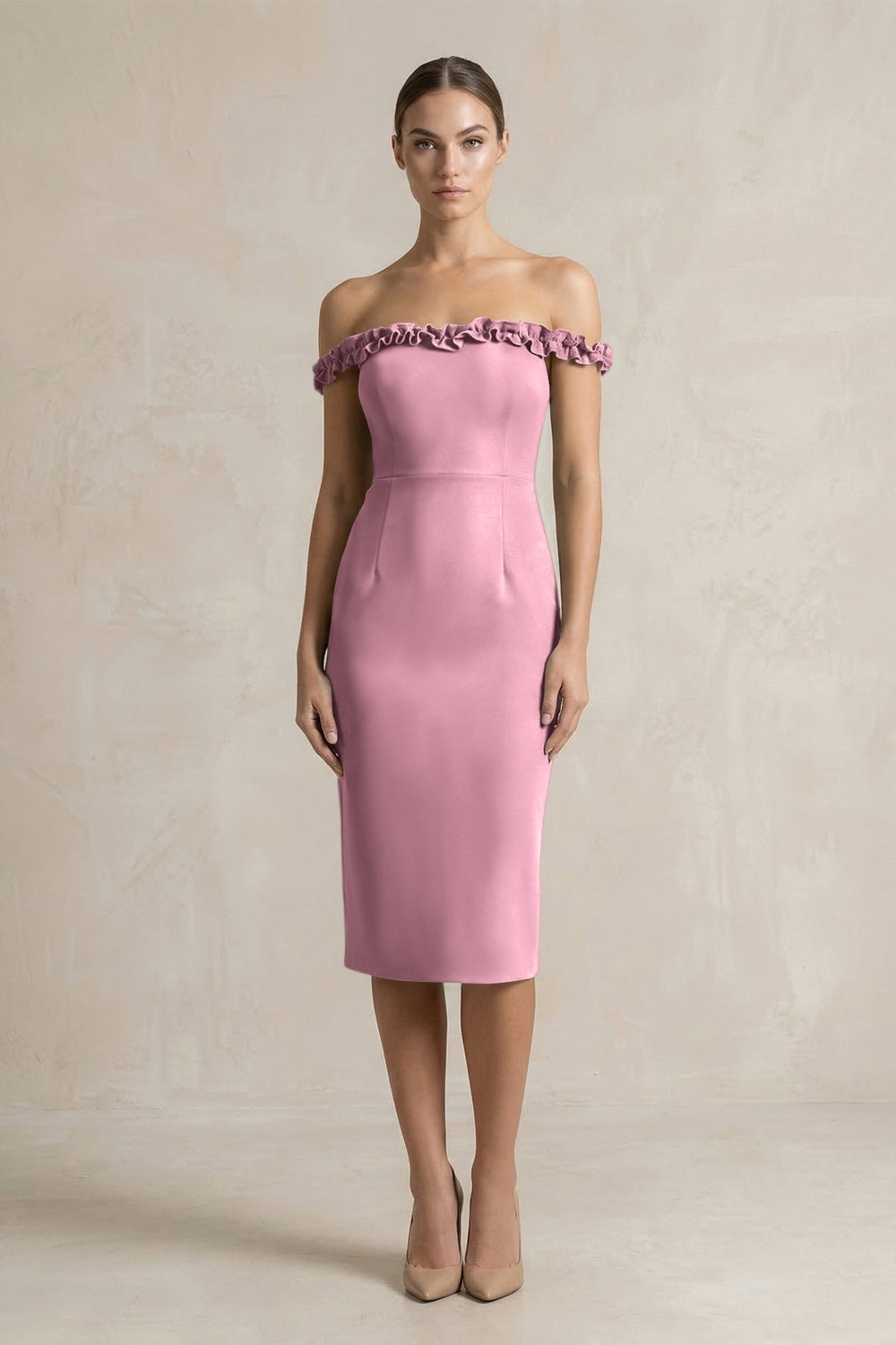 Off - the - Shoulder Sheath Ruffled Midi Bridesmaid Dress in Wisteria - KISS BRIDAL Bridesmaid Dresses