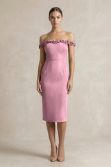 Off - the - Shoulder Sheath Ruffled Midi Bridesmaid Dress in Wisteria - KISS BRIDAL Bridesmaid Dresses