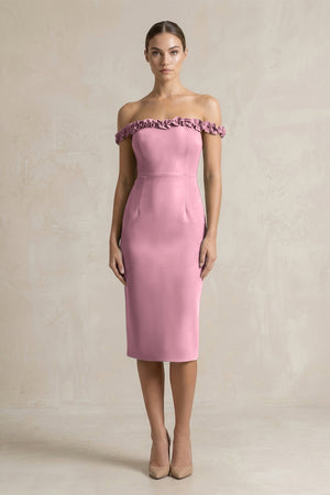 Off - the - Shoulder Sheath Ruffled Midi Bridesmaid Dress in Wisteria - KISS BRIDAL Bridesmaid Dresses