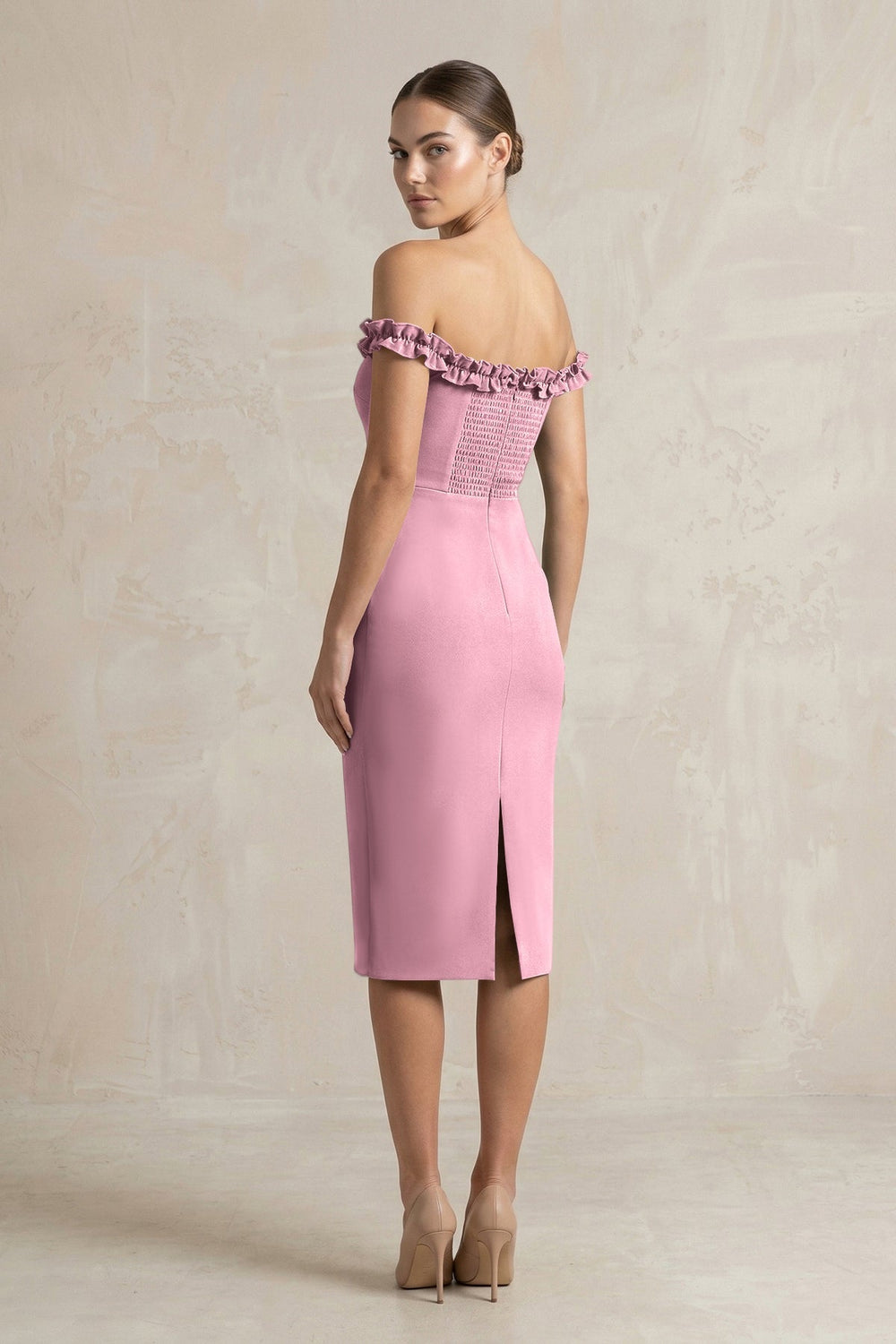 Off - the - Shoulder Sheath Ruffled Midi Bridesmaid Dress in Wisteria - KISS BRIDAL Bridesmaid Dresses