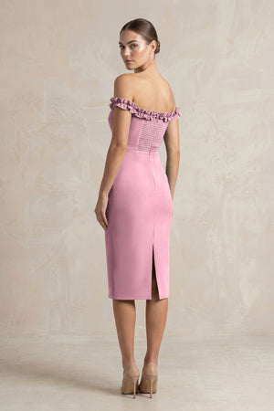 Off - the - Shoulder Sheath Ruffled Midi Bridesmaid Dress in Wisteria - KISS BRIDAL Bridesmaid Dresses