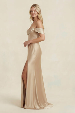 Off-the-Shoulder Sheath Satin Bridesmaid Dress with Slit in Golden Champagne - SHE IS ME BRIDESMAID DRESSES