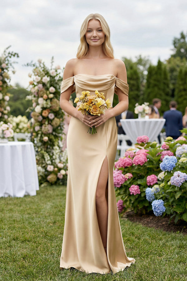 Off-the-Shoulder Sheath Satin Bridesmaid Dress with Slit in Golden Champagne - SHE IS ME BRIDESMAID DRESSES