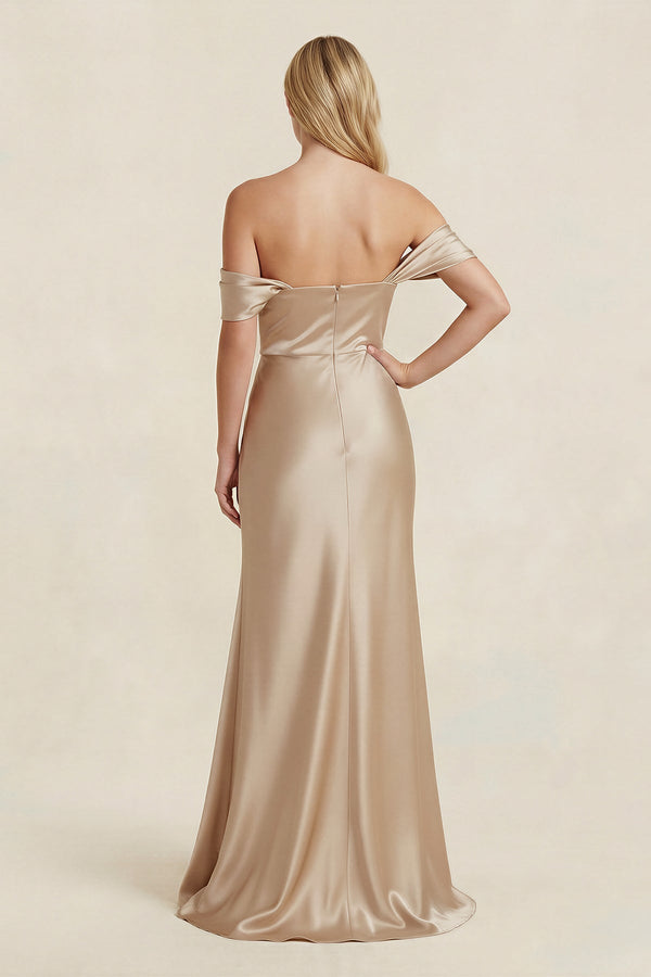 Off-the-Shoulder Sheath Satin Bridesmaid Dress with Slit in Golden Champagne - SHE IS ME BRIDESMAID DRESSES