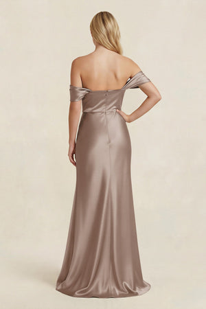 Off - the - Shoulder Sheath Satin Bridesmaid Dress with Slit in Almond - KISS BRIDAL Bridesmaid Dresses