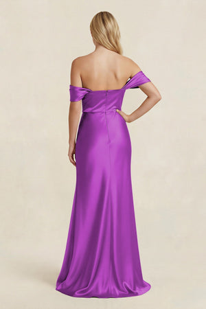 Off - the - Shoulder Sheath Satin Bridesmaid Dress with Slit in Amethyst - KISS BRIDAL Bridesmaid Dresses