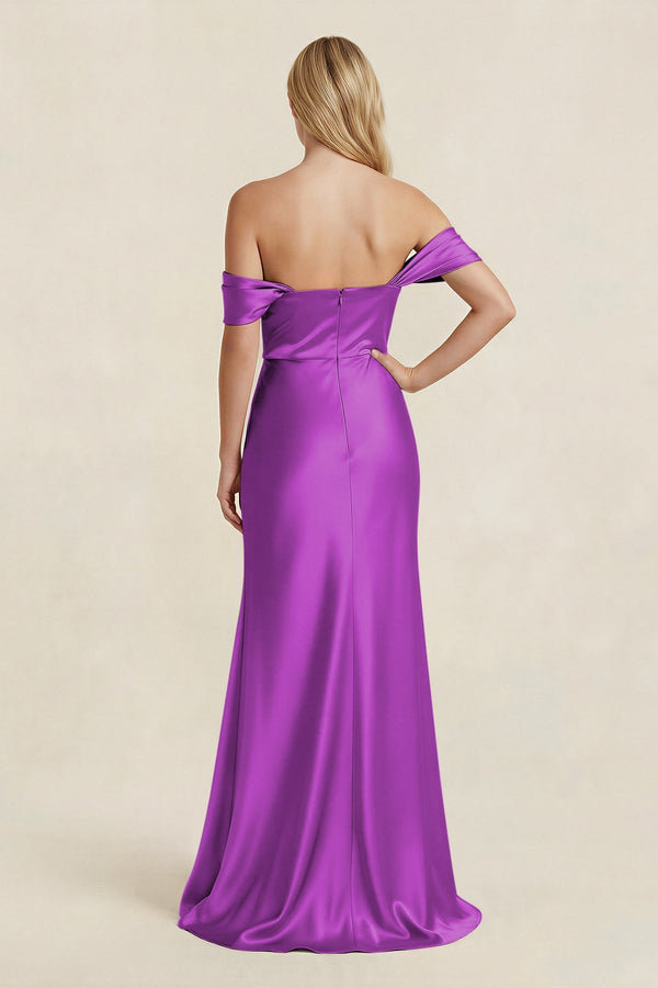 Off - the - Shoulder Sheath Satin Bridesmaid Dress with Slit in Amethyst - KISS BRIDAL Bridesmaid Dresses