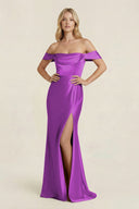 Off - the - Shoulder Sheath Satin Bridesmaid Dress with Slit in Amethyst - KISS BRIDAL Bridesmaid Dresses