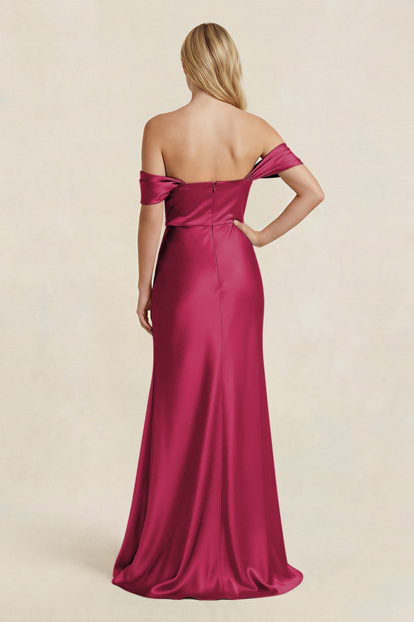 Off - the - Shoulder Sheath Satin Bridesmaid Dress with Slit in Berry - KISS BRIDAL Bridesmaid Dresses