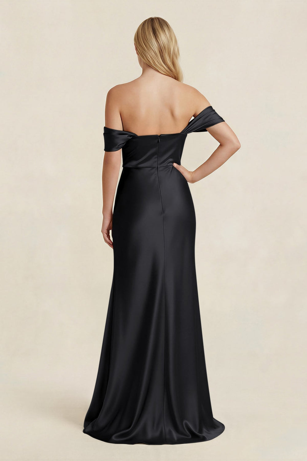 Off - the - Shoulder Sheath Satin Bridesmaid Dress with Slit in Black - KISS BRIDAL Bridesmaid Dresses