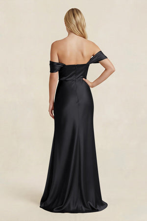 Off - the - Shoulder Sheath Satin Bridesmaid Dress with Slit in Black - KISS BRIDAL Bridesmaid Dresses