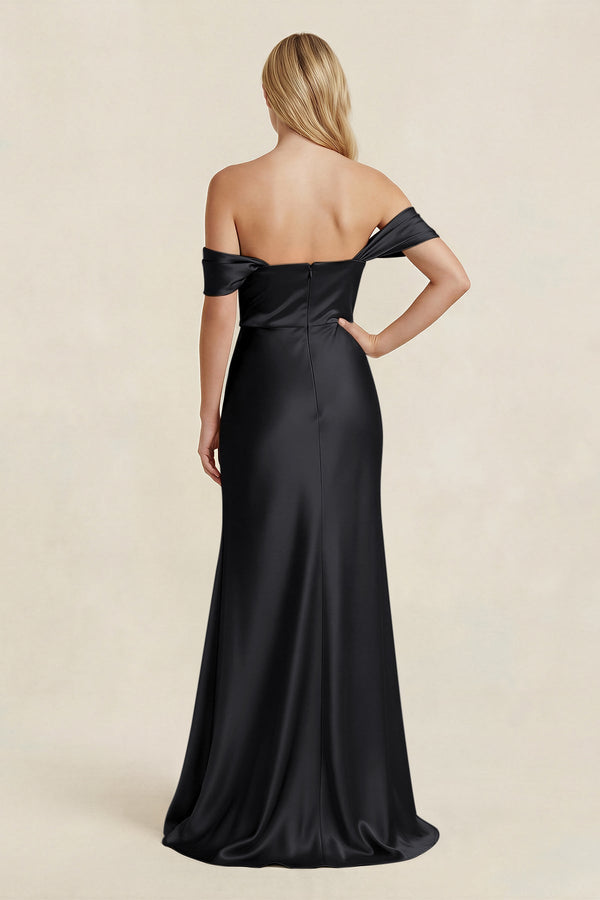 Off - the - Shoulder Sheath Satin Bridesmaid Dress with Slit in Black - KISS BRIDAL Bridesmaid Dresses