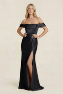 Off - the - Shoulder Sheath Satin Bridesmaid Dress with Slit in Black - KISS BRIDAL Bridesmaid Dresses