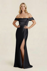 Off - the - Shoulder Sheath Satin Bridesmaid Dress with Slit in Black - KISS BRIDAL Bridesmaid Dresses