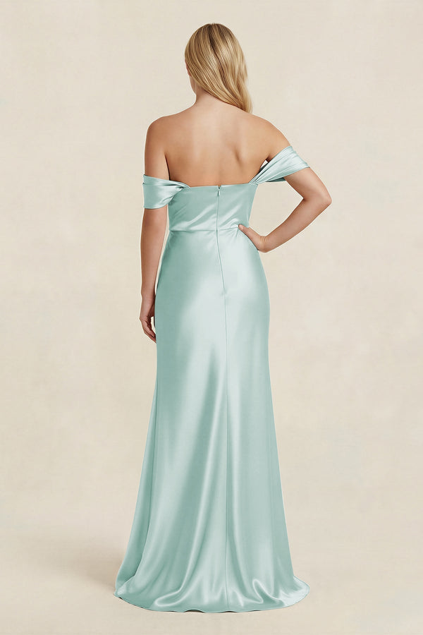 Off - the - Shoulder Sheath Satin Bridesmaid Dress with Slit in Bleached Aqua - KISS BRIDAL Bridesmaid Dresses