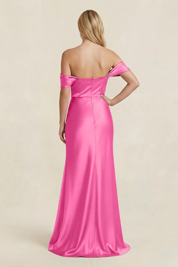 Off - the - Shoulder Sheath Satin Bridesmaid Dress with Slit in Bon Bon Pink - KISS BRIDAL Bridesmaid Dresses